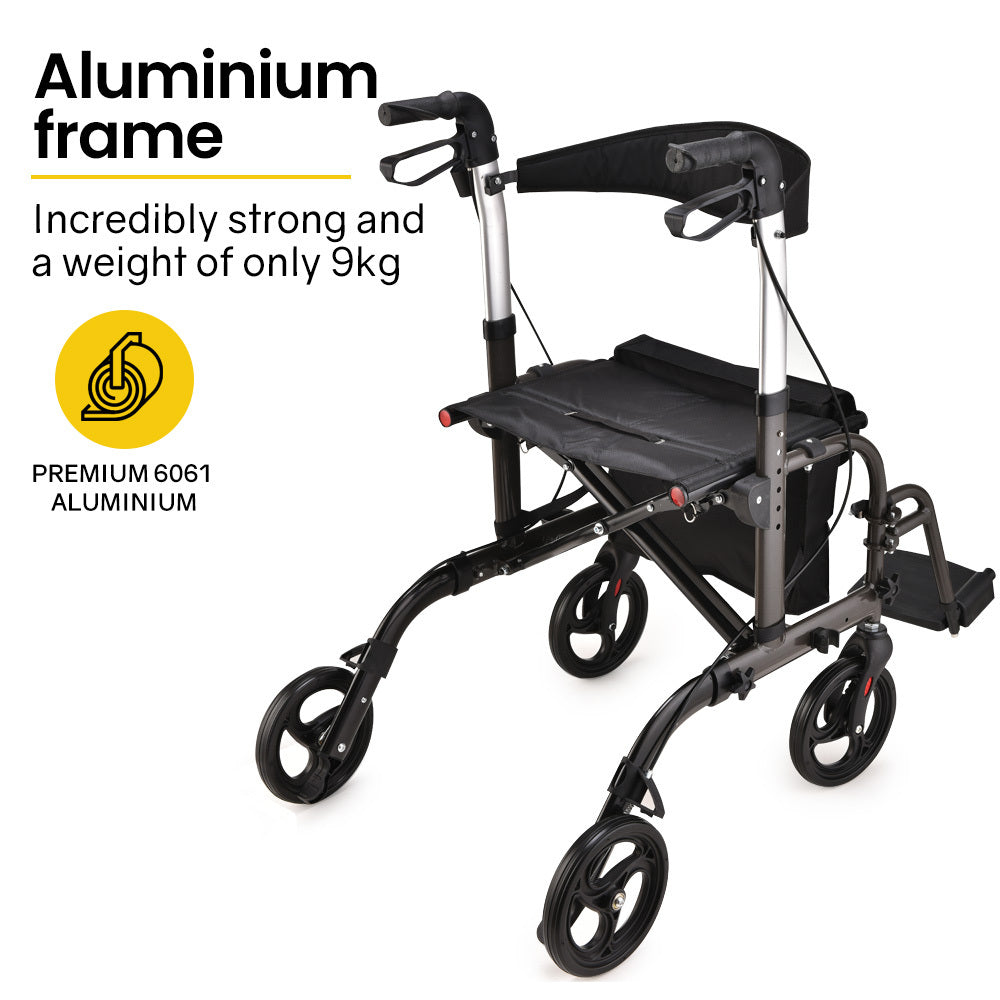 EQUIPMED 2-in-1 Foldable Aluminium Walking Frame Rollator and Transit Wheelchair with Bag, Titanium colour V219-EQHCRL21A