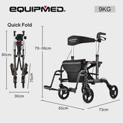 EQUIPMED 2-in-1 Foldable Aluminium Walking Frame Rollator and Transit Wheelchair with Bag, Titanium colour V219-EQHCRL21A