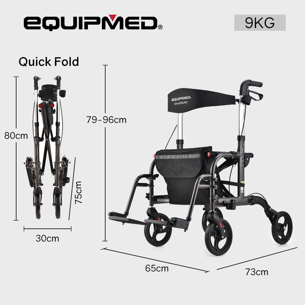 EQUIPMED 2-in-1 Foldable Aluminium Walking Frame Rollator and Transit Wheelchair with Bag, Titanium colour V219-EQHCRL21A