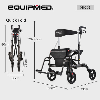 EQUIPMED 2-in-1 Foldable Aluminium Walking Frame Rollator and Transit Wheelchair with Bag, Titanium colour V219-EQHCRL21A