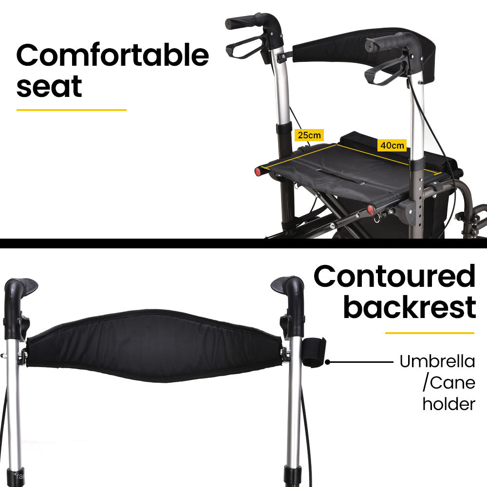 EQUIPMED 2-in-1 Foldable Aluminium Walking Frame Rollator and Transit Wheelchair with Bag, Titanium colour V219-EQHCRL21A