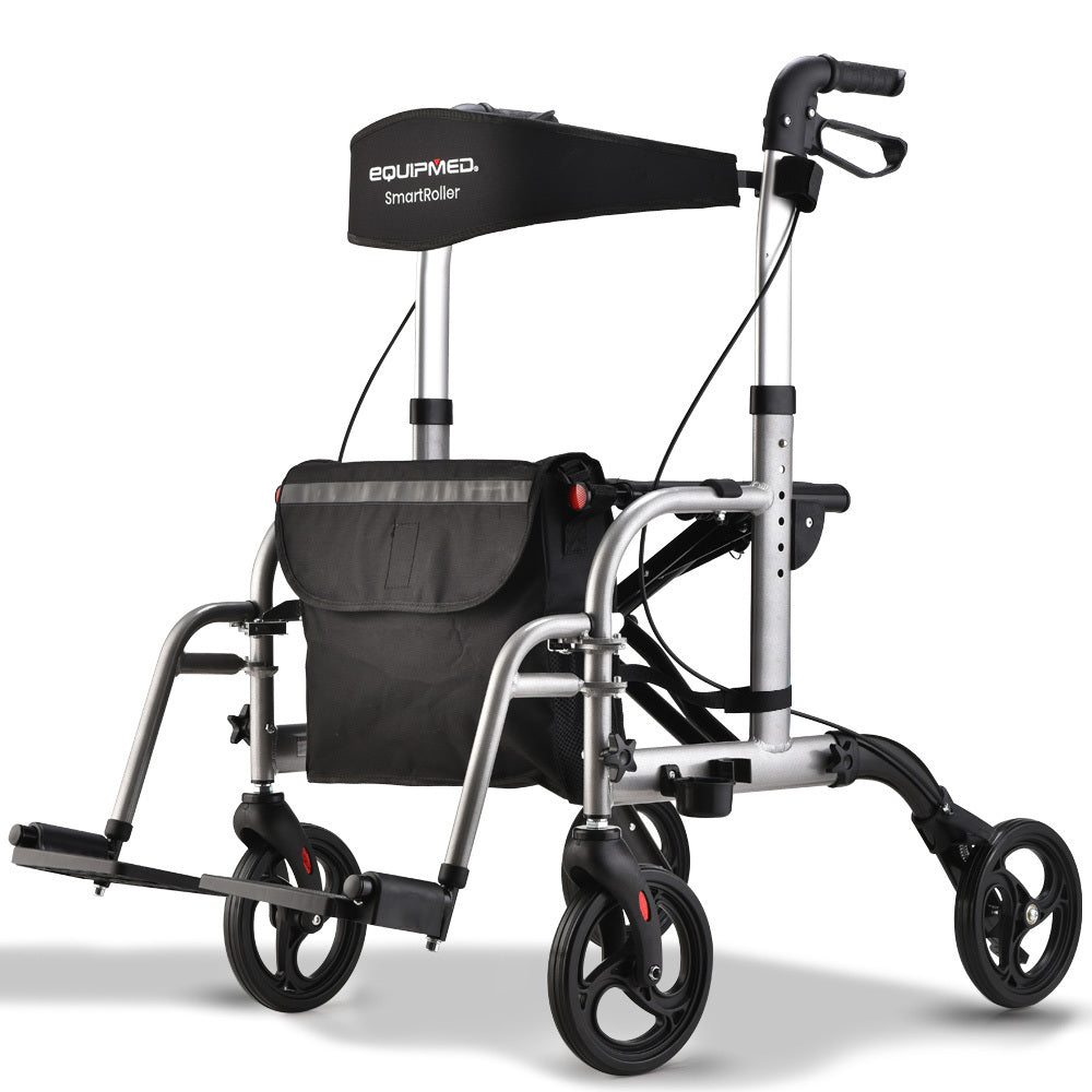 EQUIPMED 2-in-1 Folding Rollator Wheelchair Adjustable Mobility Walker w/ Park Brakes & Bag, Silver V219-EQHCRL22A