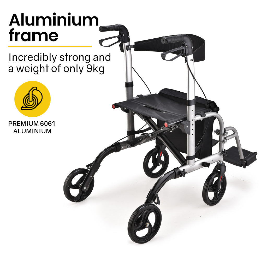 EQUIPMED 2-in-1 Folding Rollator Wheelchair Adjustable Mobility Walker w/ Park Brakes & Bag, Silver V219-EQHCRL22A