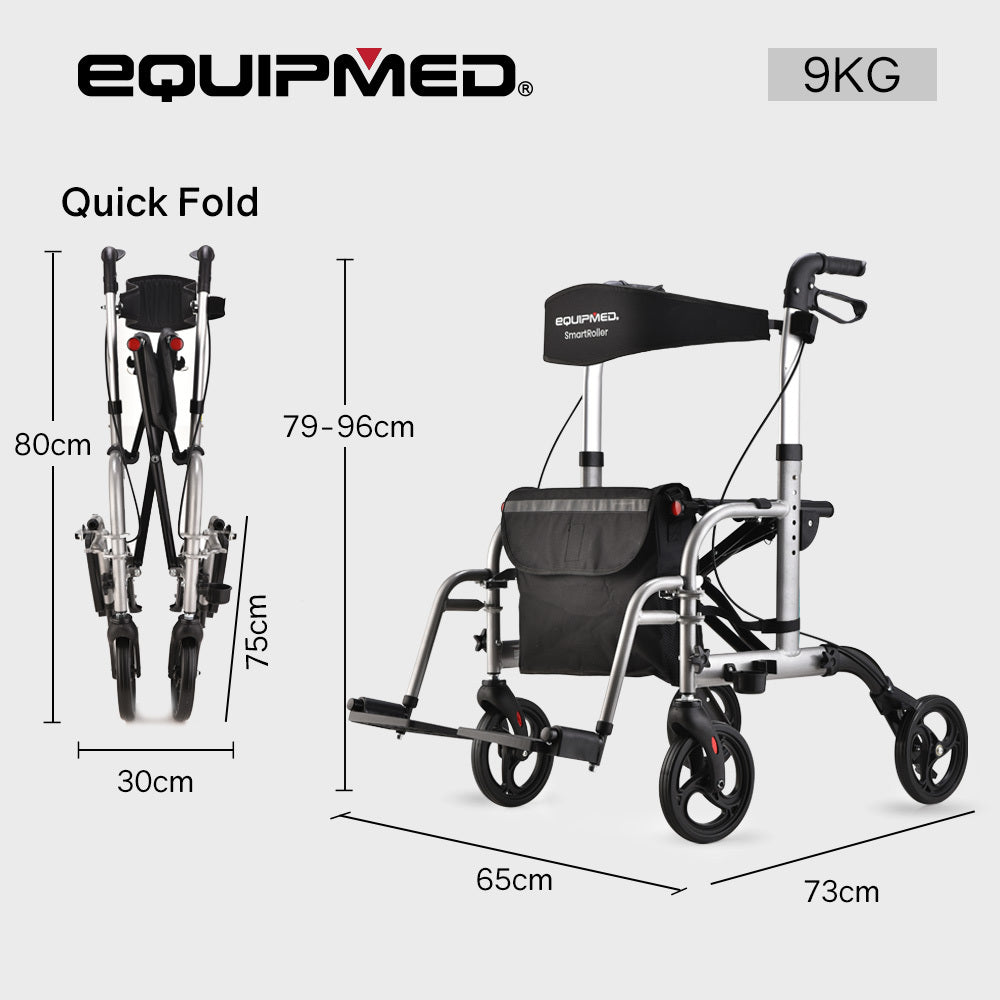 EQUIPMED 2-in-1 Folding Rollator Wheelchair Adjustable Mobility Walker w/ Park Brakes & Bag, Silver V219-EQHCRL22A