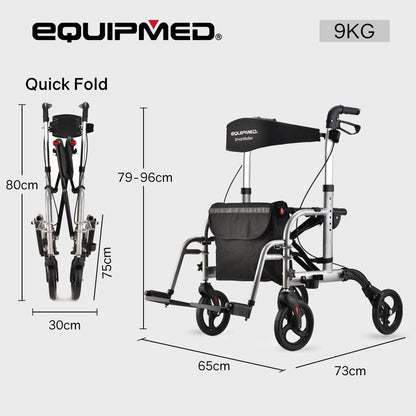 EQUIPMED 2-in-1 Folding Rollator Wheelchair Adjustable Mobility Walker w/ Park Brakes & Bag, Silver V219-EQHCRL22A