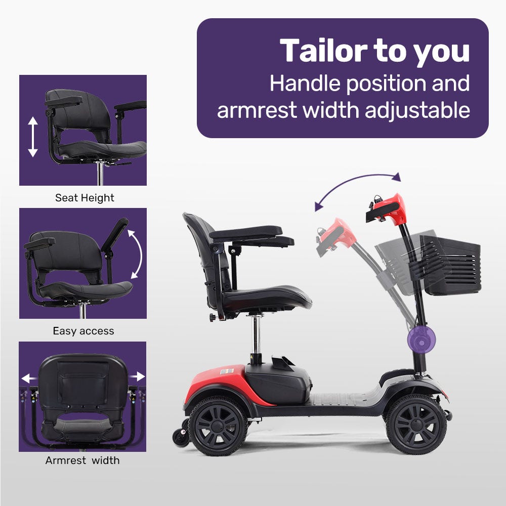 EQUIPMED Electric Mobility Scooter Portable Folding for Elderly Older Adult, SmartRider Black & Red V219-EQMOHC06A