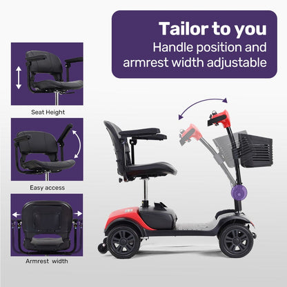 EQUIPMED Electric Mobility Scooter Portable Folding for Elderly Older Adult, SmartRider Black & Red V219-EQMOHC06A