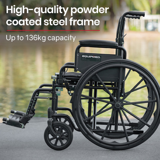 EQUIPMED Portable Folding Wheelchair 24 Inch 136kg Capacity Wheel Chair Retractable Armrests, Black V219-EQWRHC04A
