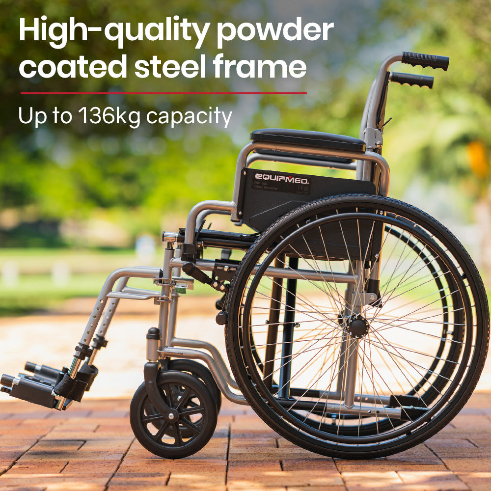EQUIPMED 24 Inch Folding Wheelchair Lightweight Portable for Elderly and Disabled, Grey V219-EQWRHC05A