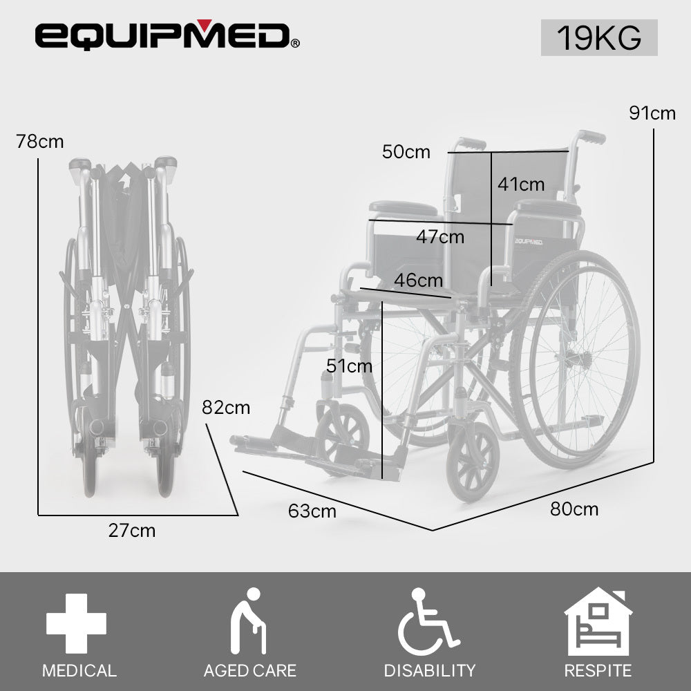 EQUIPMED 24 Inch Folding Wheelchair Lightweight Portable for Elderly and Disabled, Grey V219-EQWRHC05A