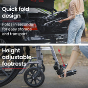 EQUIPMED 24 Inch Folding Wheelchair Lightweight Portable for Elderly and Disabled, Grey V219-EQWRHC05A