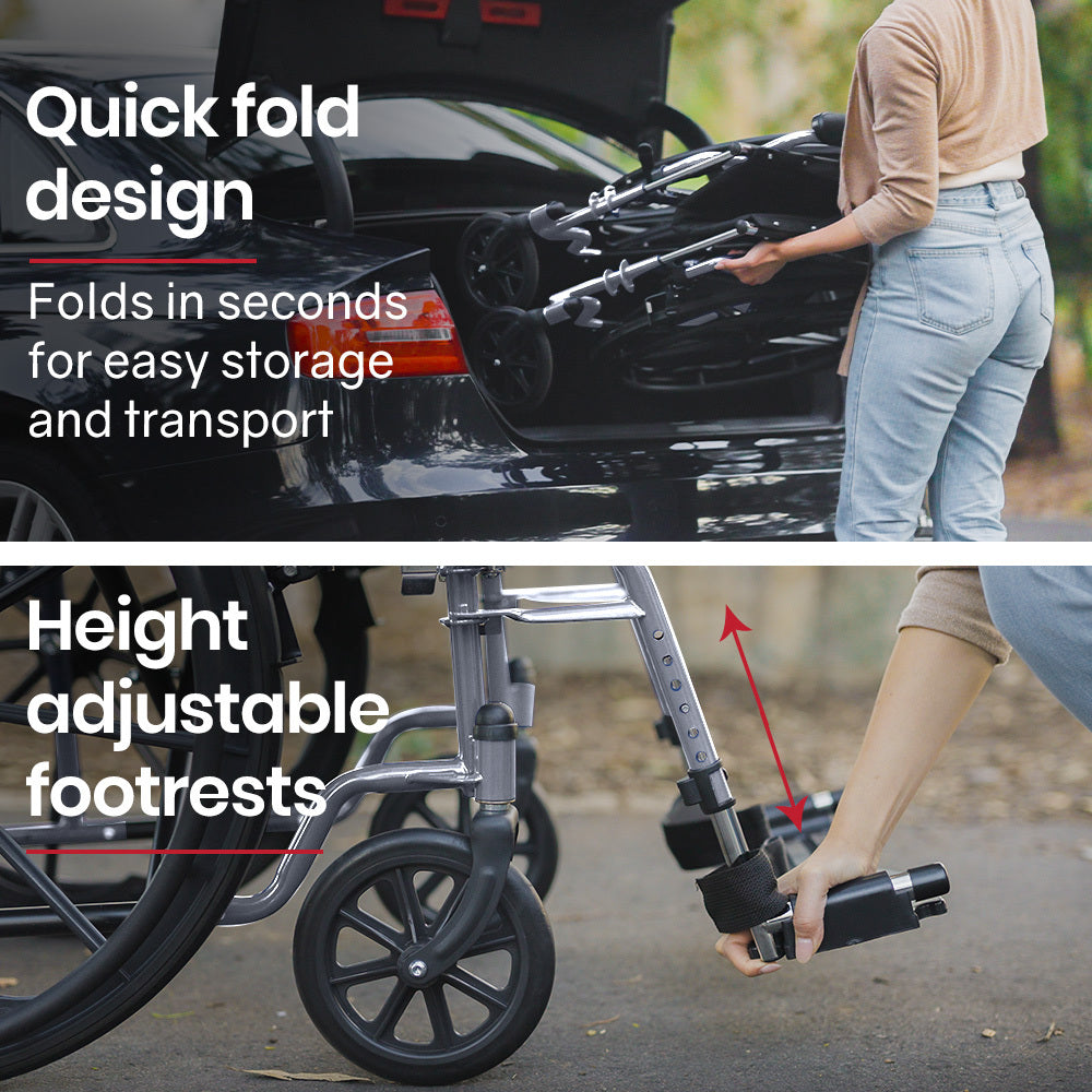 EQUIPMED 24 Inch Folding Wheelchair Lightweight Portable for Elderly and Disabled, Grey V219-EQWRHC05A