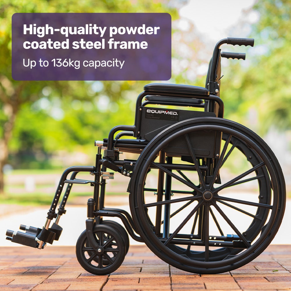 EQUIPMED 24 Inch Folding Wheelchair with Park Brakes, 136kg Capacity, 51cm Wide Seat, Black V219-EQWRHC07A