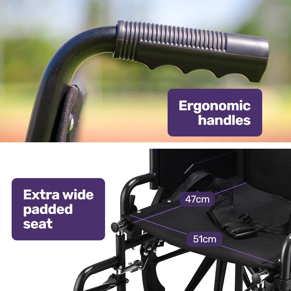 EQUIPMED 24 Inch Folding Wheelchair with Park Brakes, 136kg Capacity, 51cm Wide Seat, Black V219-EQWRHC07A
