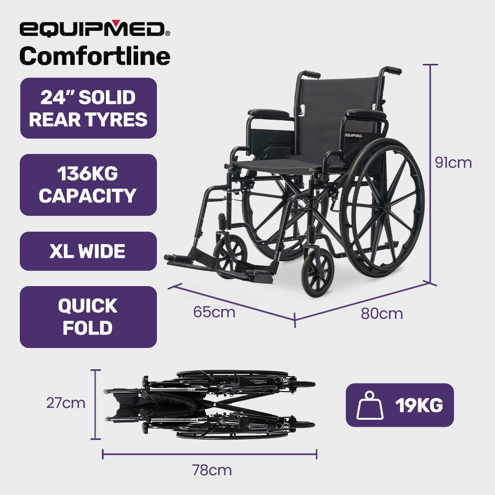 EQUIPMED 24 Inch Folding Wheelchair with Park Brakes, 136kg Capacity, 51cm Wide Seat, Black V219-EQWRHC07A
