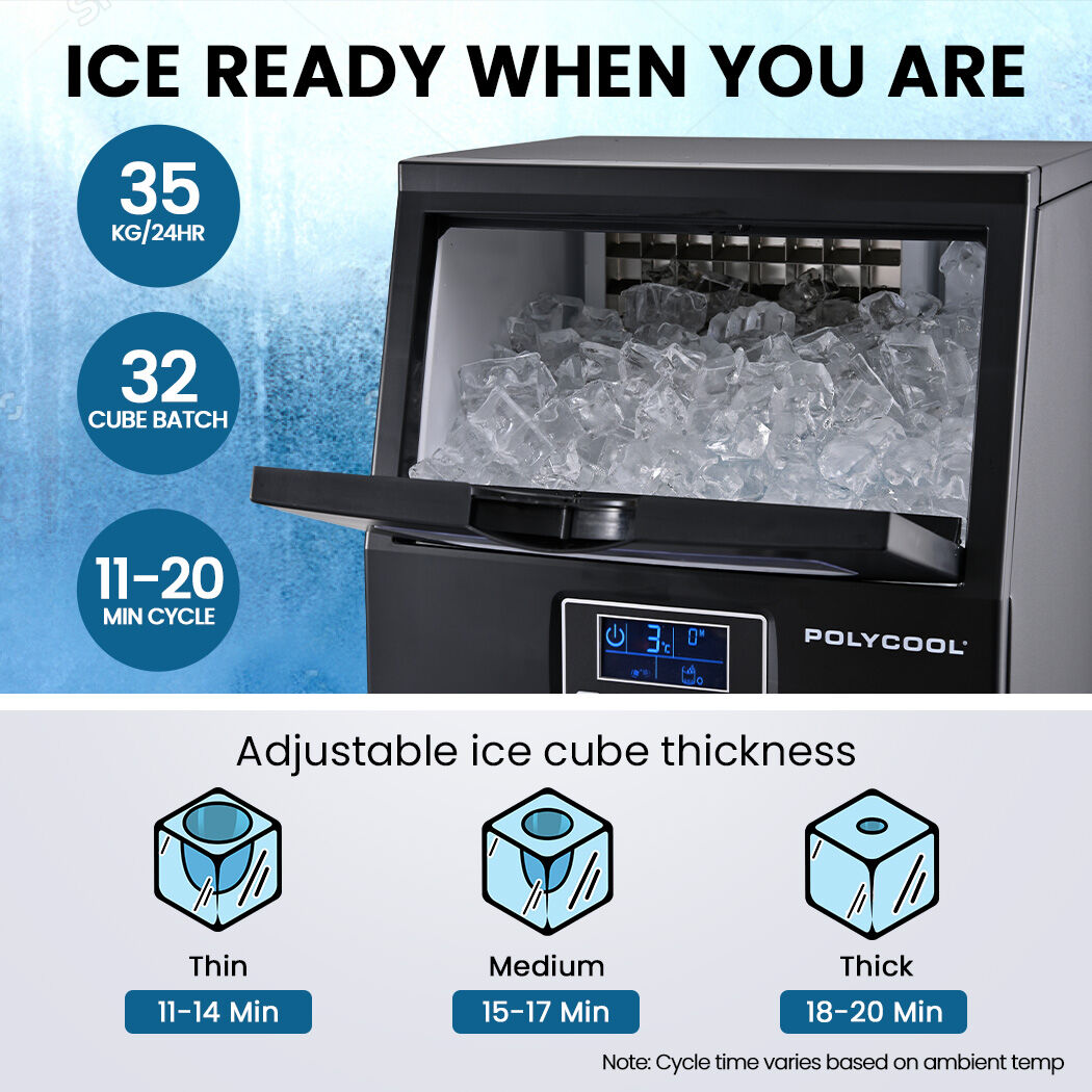 POLYCOOL Commercial Ice Maker Machine, up to 35kg/24hr, Timer & Self Cleaning Programs V219-FDSICMPY35KA