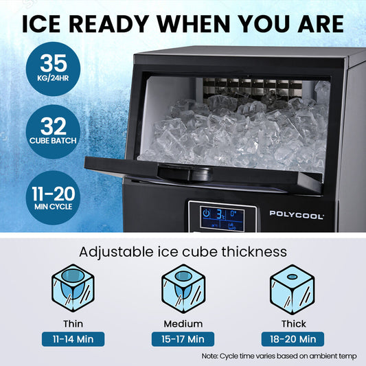 POLYCOOL Commercial Ice Maker Machine, up to 35kg/24hr, Timer & Self Cleaning Programs V219-FDSICMPY35KA