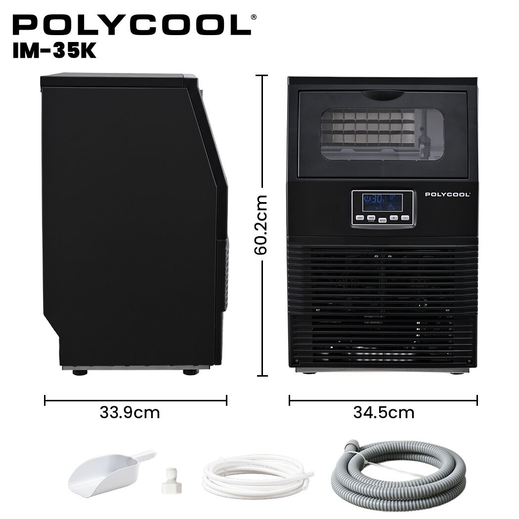 POLYCOOL Commercial Ice Maker Machine, up to 35kg/24hr, Timer & Self Cleaning Programs V219-FDSICMPY35KA