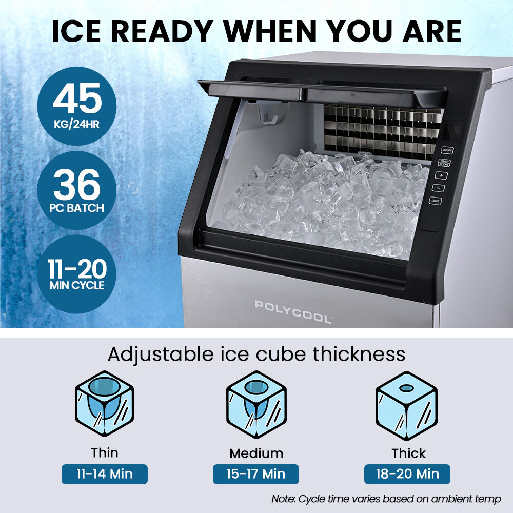 POLYCOOL Commercial Ice Maker Machine, up to 45kg/24hr, Timer & Self Cleaning Programs V219-FDSICMPY45KA