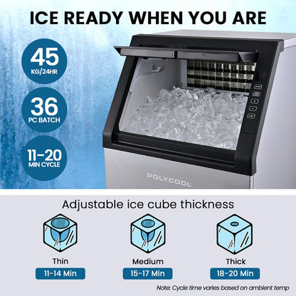 POLYCOOL Commercial Ice Maker Machine, up to 45kg/24hr, Timer & Self Cleaning Programs V219-FDSICMPY45KA