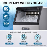 POLYCOOL Commercial Ice Maker Machine, up to 60kg/24hr, Timer & Self Cleaning Programs V219-FDSICMPY60KA