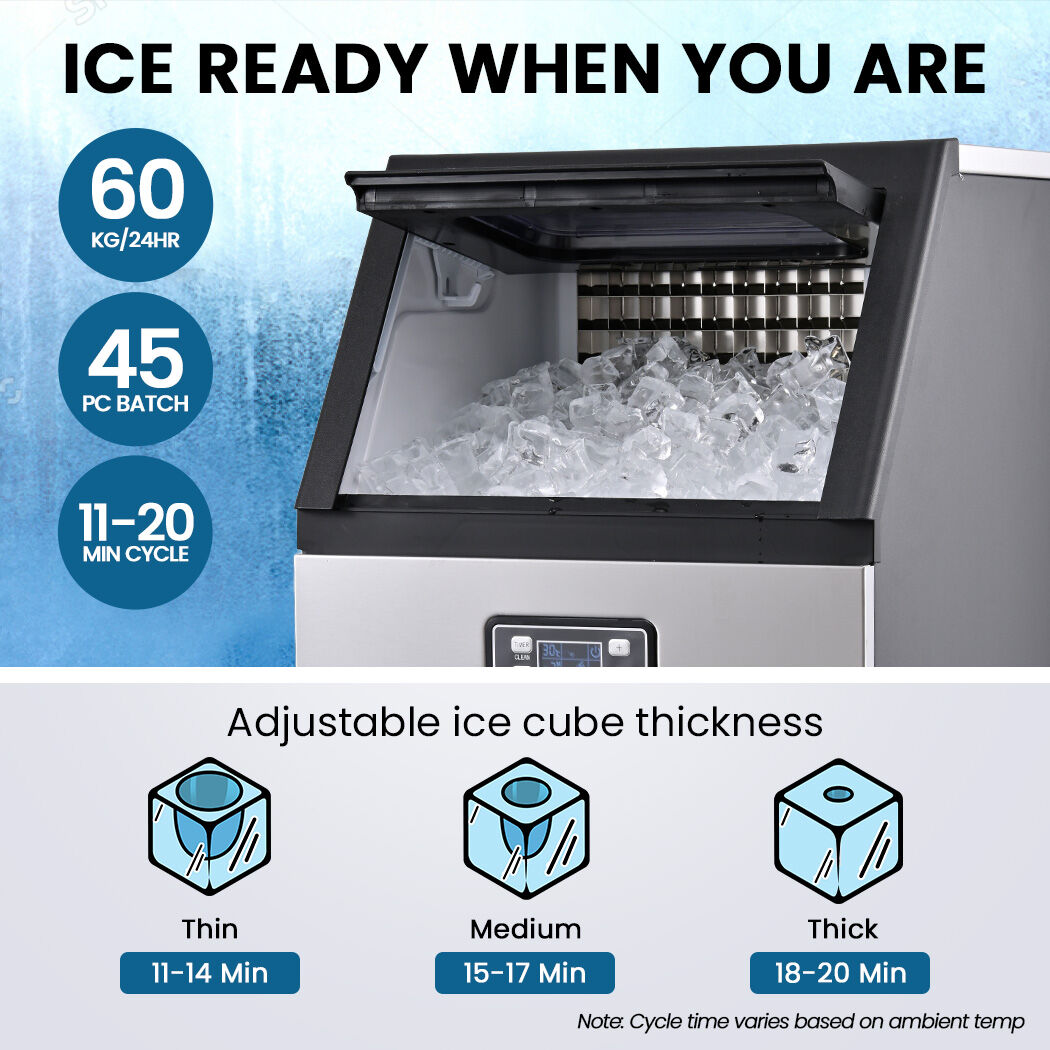 POLYCOOL Commercial Ice Maker Machine, up to 60kg/24hr, Timer & Self Cleaning Programs V219-FDSICMPY60KA