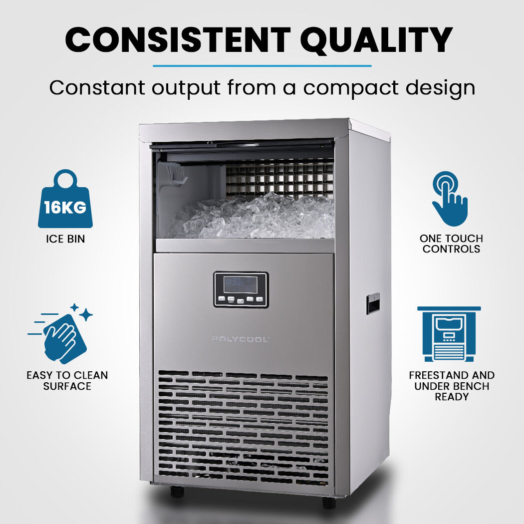 POLYCOOL Commercial Ice Maker Machine, up to 75kg/24hr, Timer & Self Cleaning Programs V219-FDSICMPY75KA