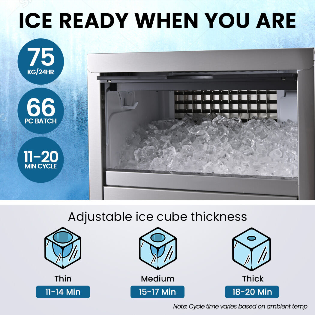 POLYCOOL Commercial Ice Maker Machine, up to 75kg/24hr, Timer & Self Cleaning Programs V219-FDSICMPY75KA