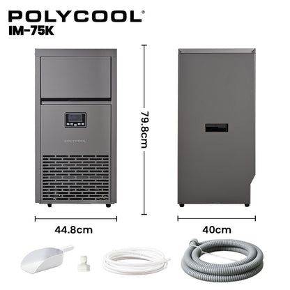 POLYCOOL Commercial Ice Maker Machine, up to 75kg/24hr, Timer & Self Cleaning Programs V219-FDSICMPY75KA