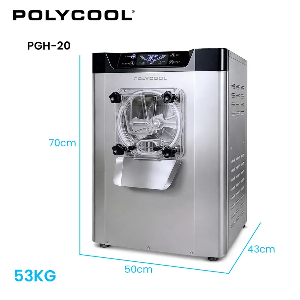 POLYCOOL Commercial 4L Benchtop Hard Ice Cream and Gelato Machine, 16L/hr output, 1400W, Stainless Steel, V219-FDSICMPYG20A