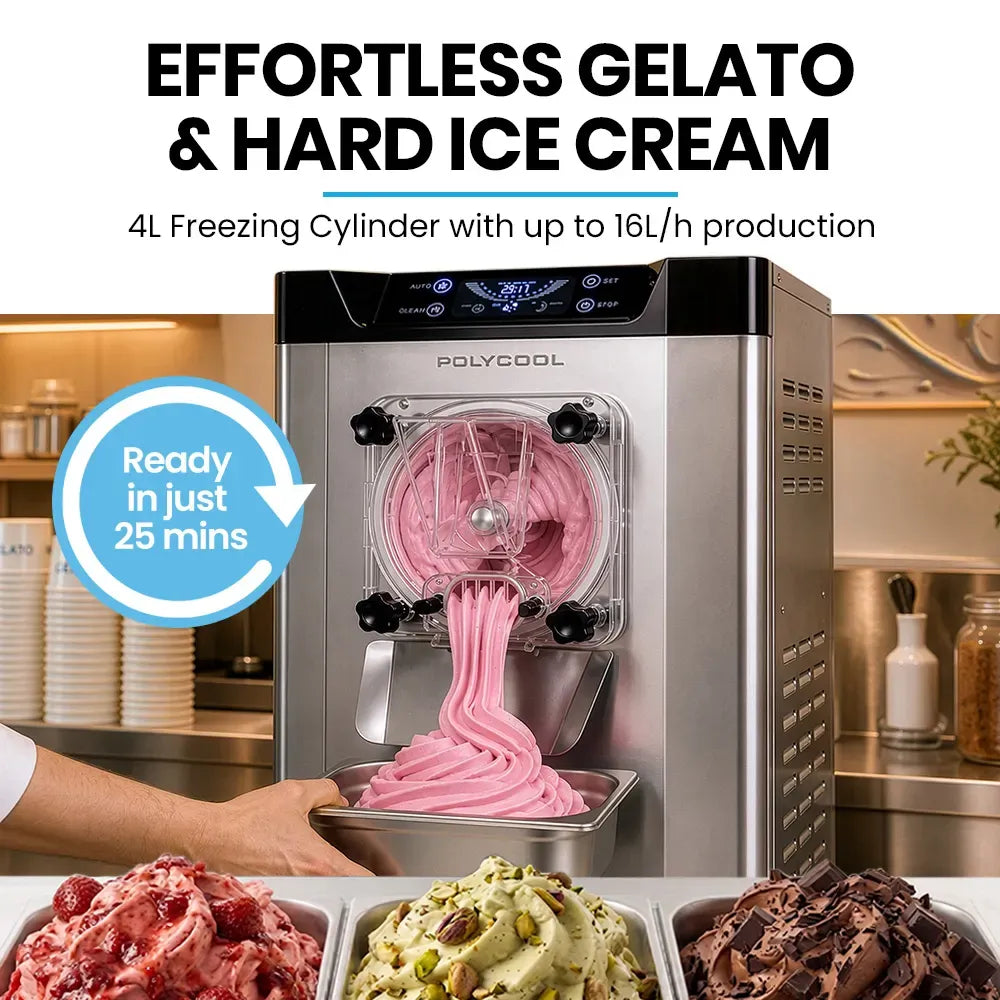 POLYCOOL Commercial 4L Benchtop Hard Ice Cream and Gelato Machine, 16L/hr output, 1400W, Stainless Steel, V219-FDSICMPYG20A