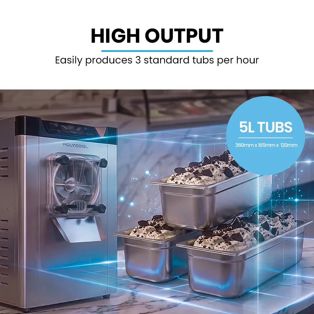 POLYCOOL Commercial 4L Benchtop Hard Ice Cream and Gelato Machine, 16L/hr output, 1400W, Stainless Steel, V219-FDSICMPYG20A