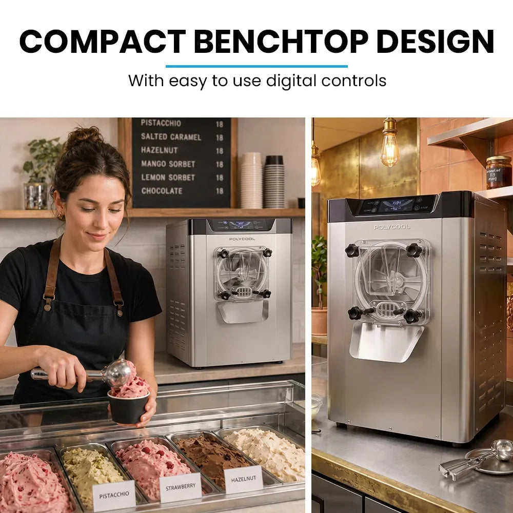 POLYCOOL Commercial 4L Benchtop Hard Ice Cream and Gelato Machine, 16L/hr output, 1400W, Stainless Steel, V219-FDSICMPYG20A