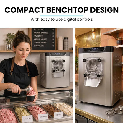 POLYCOOL Commercial 4L Benchtop Hard Ice Cream and Gelato Machine, 16L/hr output, 1400W, Stainless Steel, V219-FDSICMPYG20A