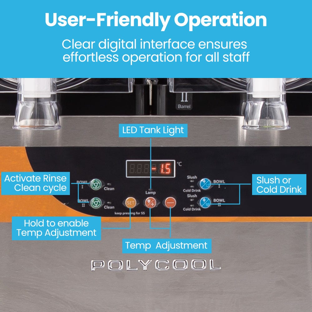 POLYCOOL 24L Double Tank Commercial Slush Machine, Digital Control Panel, SAA Approved, Juice and Frozen V219-FDSSLSPY24LB
