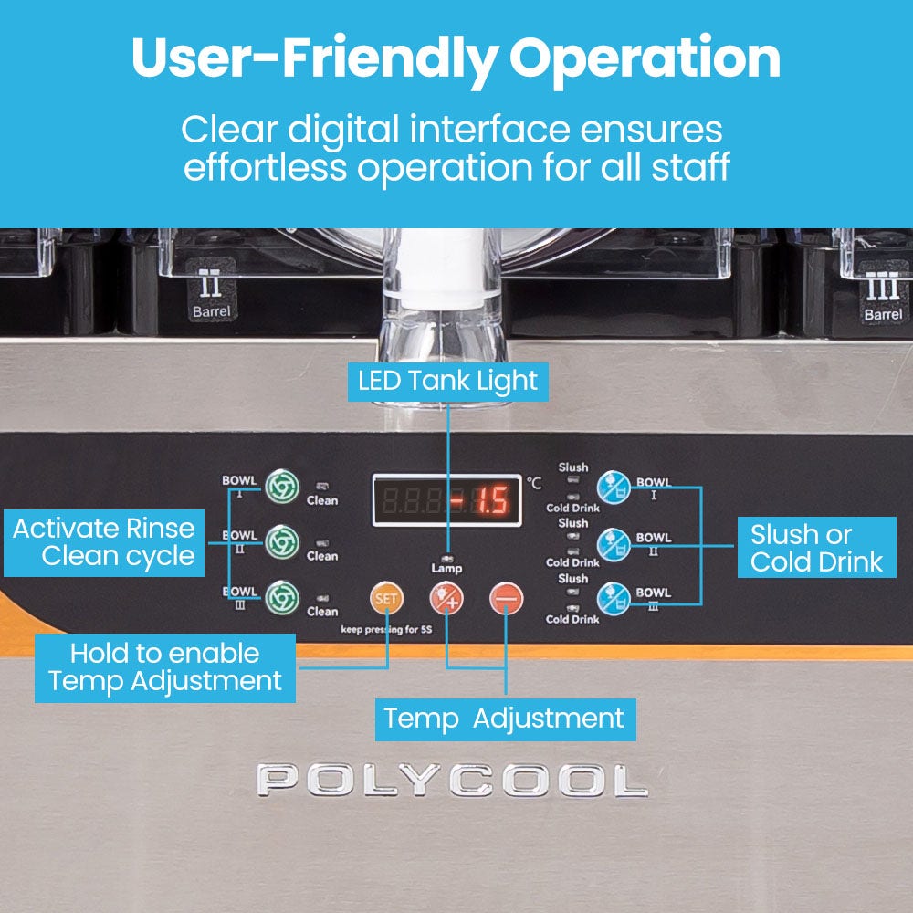 POLYCOOL 36L Triple Tank Commercial Slush Machine, Digital Control Panel, SAA Approved, Juice and Frozen V219-FDSSLSPY36LB