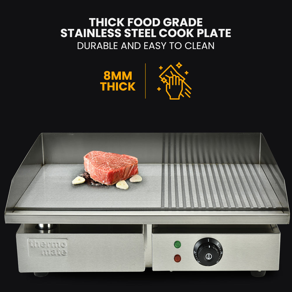 THERMOMATE Commercial Electric Griddle TH-G04, 2400W 55x35cm Half Ribbed Surface V219-FODCAPTHMAG04