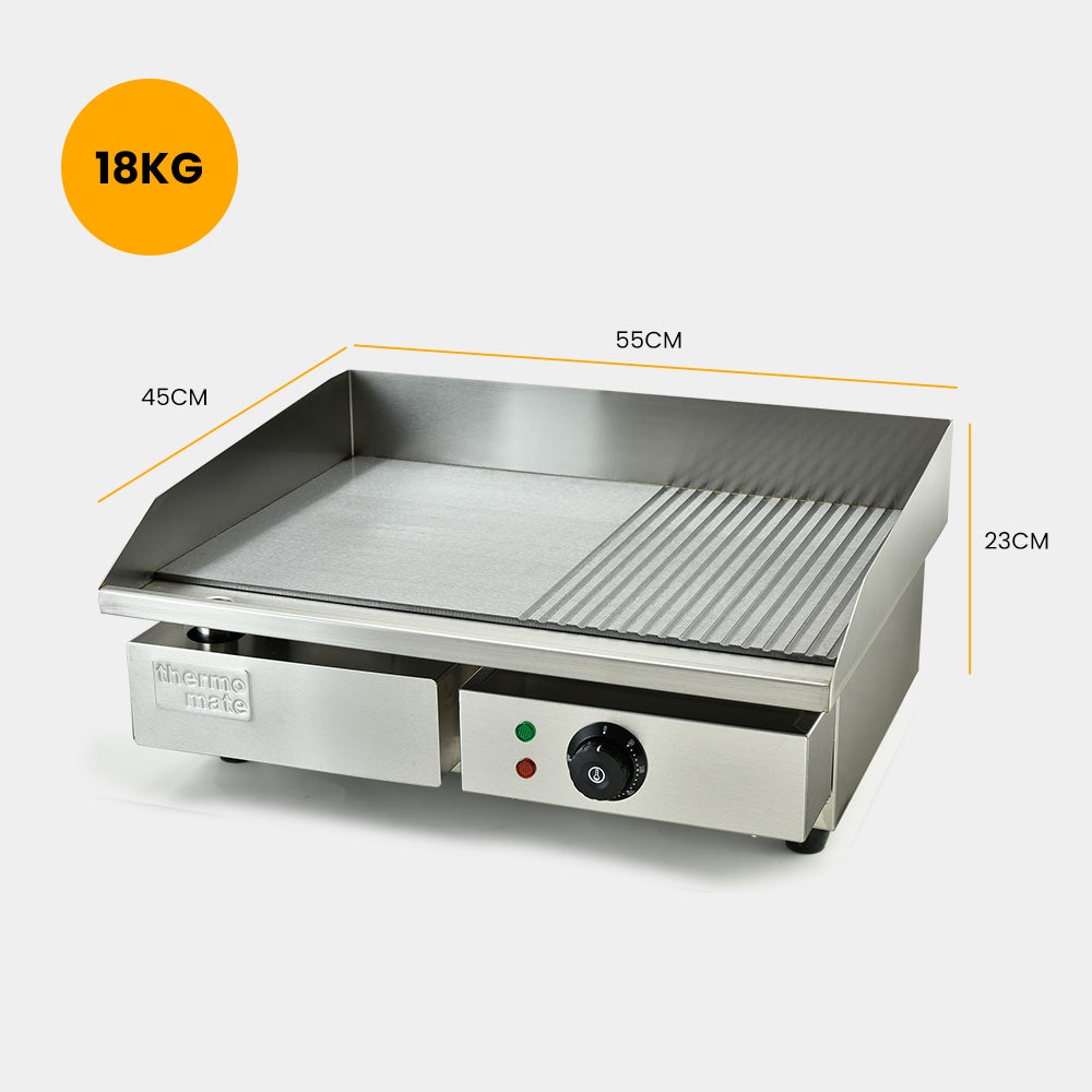 THERMOMATE Commercial Electric Griddle TH-G04, 2400W 55x35cm Half Ribbed Surface V219-FODCAPTHMAG04