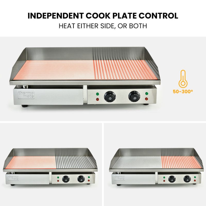 THERMOMATE Commercial Electric Griddle TH-G06, 4400W 73x40cm Half Ribbed Dual Surface V219-FODCAPTHMAG06