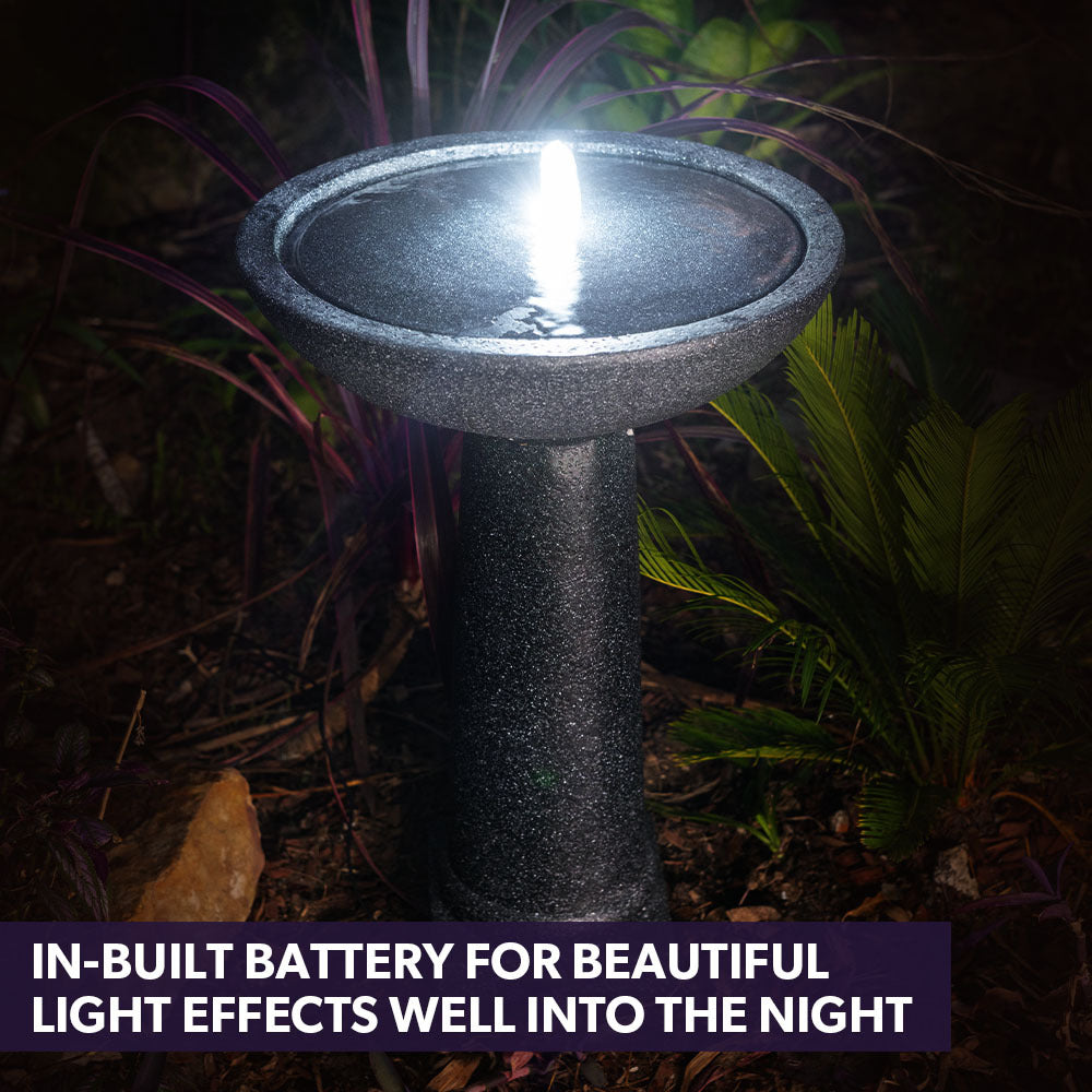 Protege Bird Bath Solar Water Feature Fountain, Contemporary Birdbath Design, with Panel Kit, LED Lights, V219-FPKCTPPTB1LA