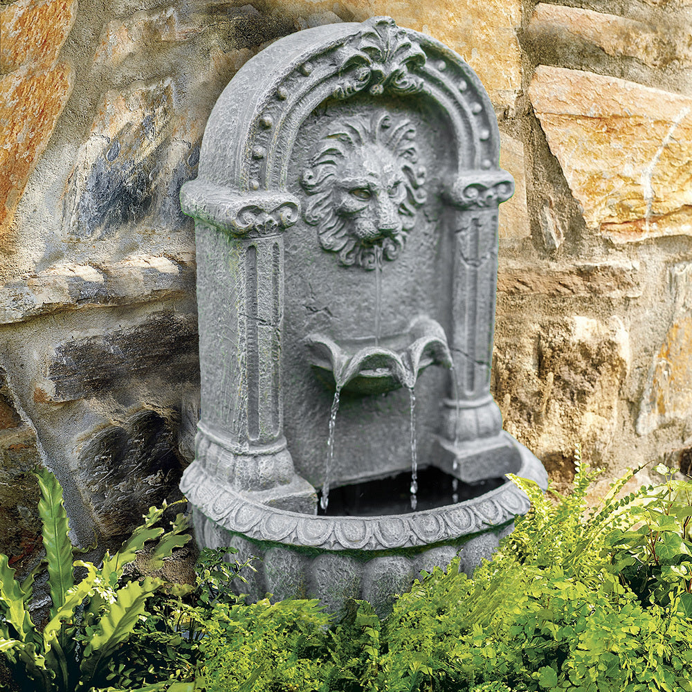 PROTEGE Lion Head Solar Powered Water Feature Fountain, Traditional Design, with Panel Kit, LED Lights V219-FPKWMTPTL1LA