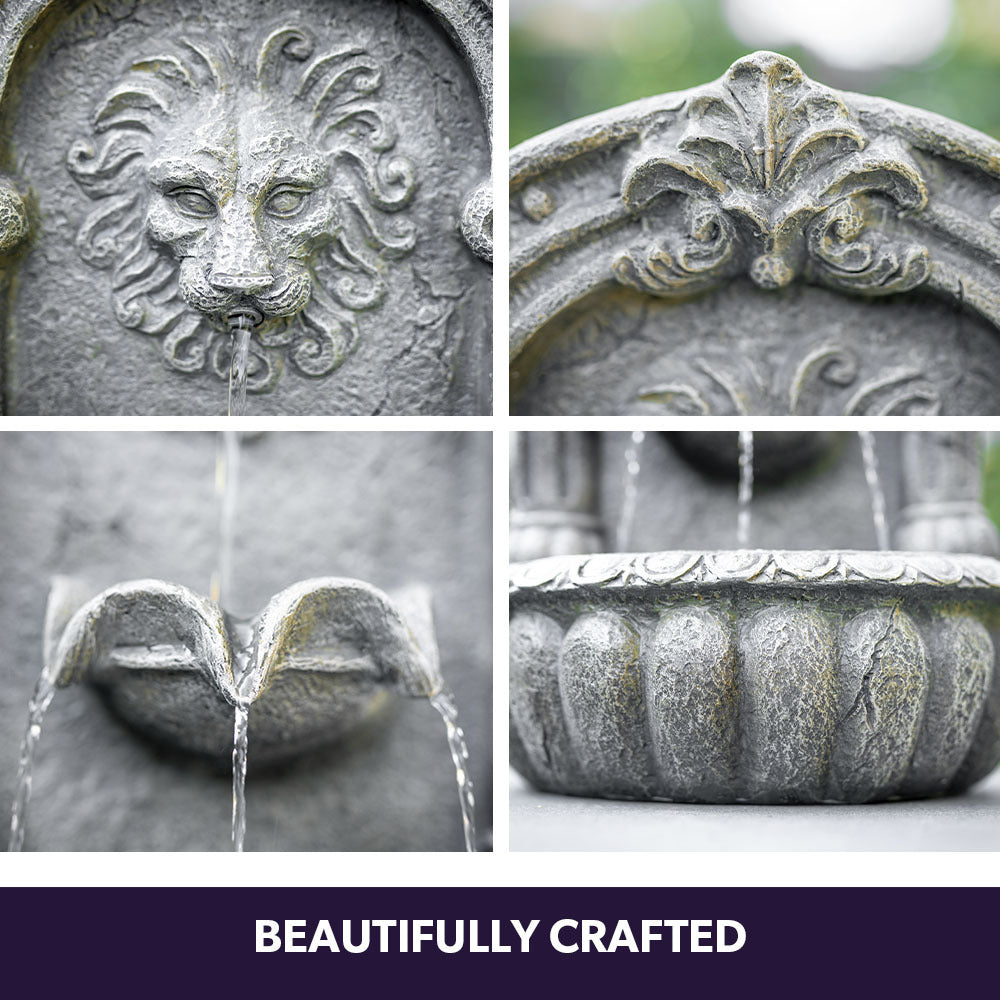 PROTEGE Lion Head Solar Powered Water Feature Fountain, Traditional Design, with Panel Kit, LED Lights V219-FPKWMTPTL1LA