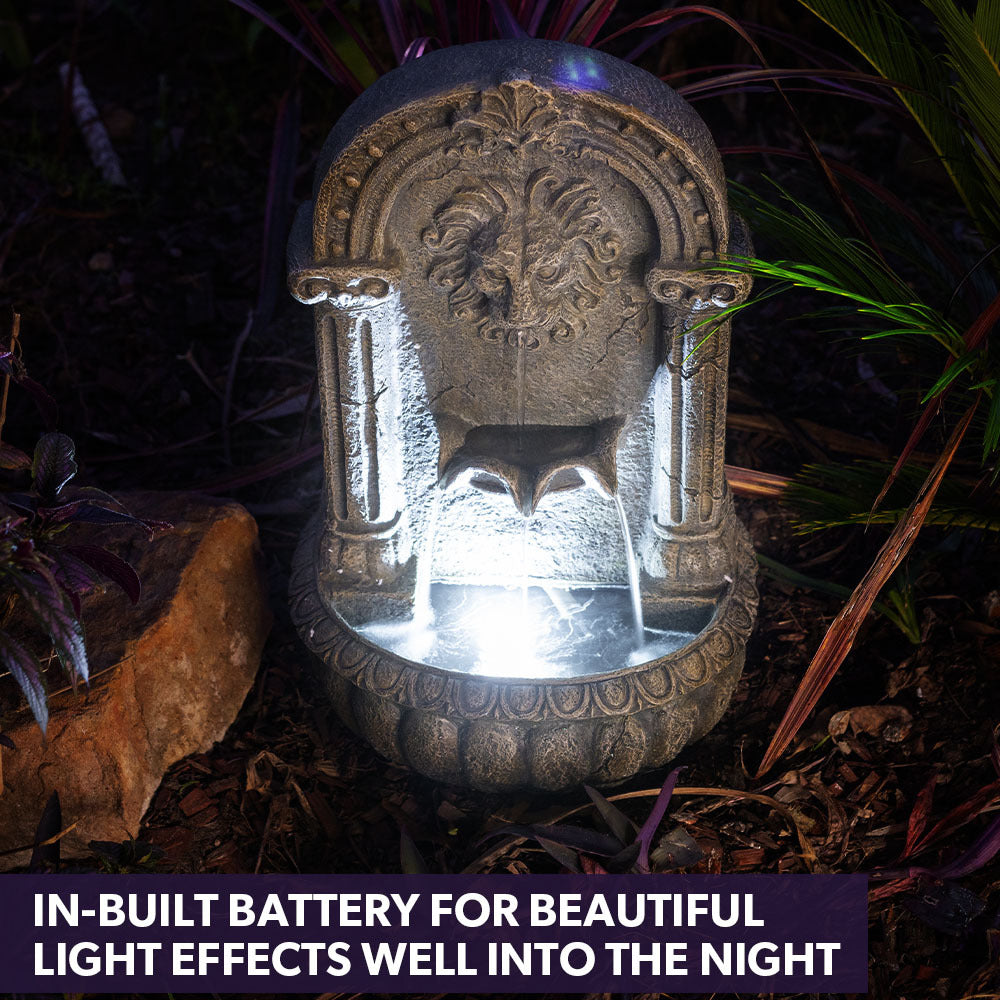 PROTEGE Lion Head Solar Powered Water Feature Fountain, Traditional Design, with Panel Kit, LED Lights V219-FPKWMTPTL1LA