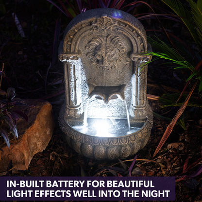 PROTEGE Lion Head Solar Powered Water Feature Fountain, Traditional Design, with Panel Kit, LED Lights V219-FPKWMTPTL1LA