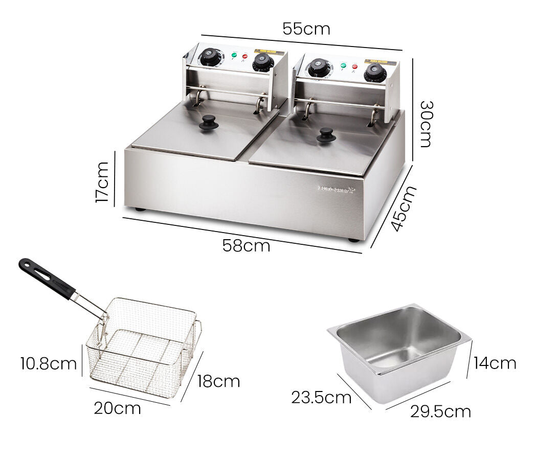 EuroChef Commercial Electric Deep Fryer Twin Frying Basket Chip Cooker Fry V219-FRYER-2TANK