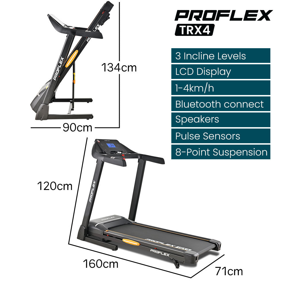 PROFLEX TRX4 Electric Treadmill, Medium Size, Foldable, Suspension, Bluetooth, USB/MP3, Pulse Sensors, V219-FTNTRDPFTRX4A