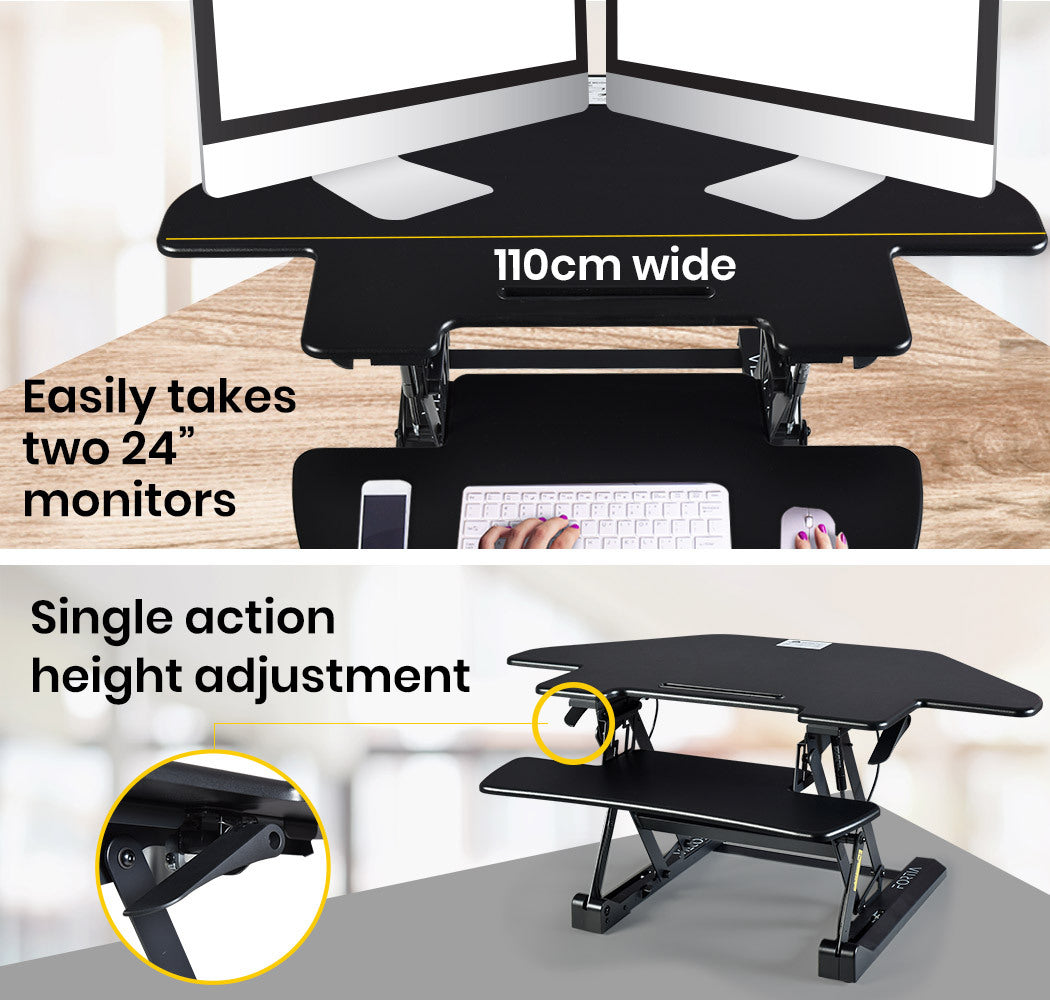 Fortia Corner Desk Riser 110cm Wide Adjustable Sit to Stand for Dual Monitor, Keyboard, Laptop, Black V219-FURDTDFORACX1