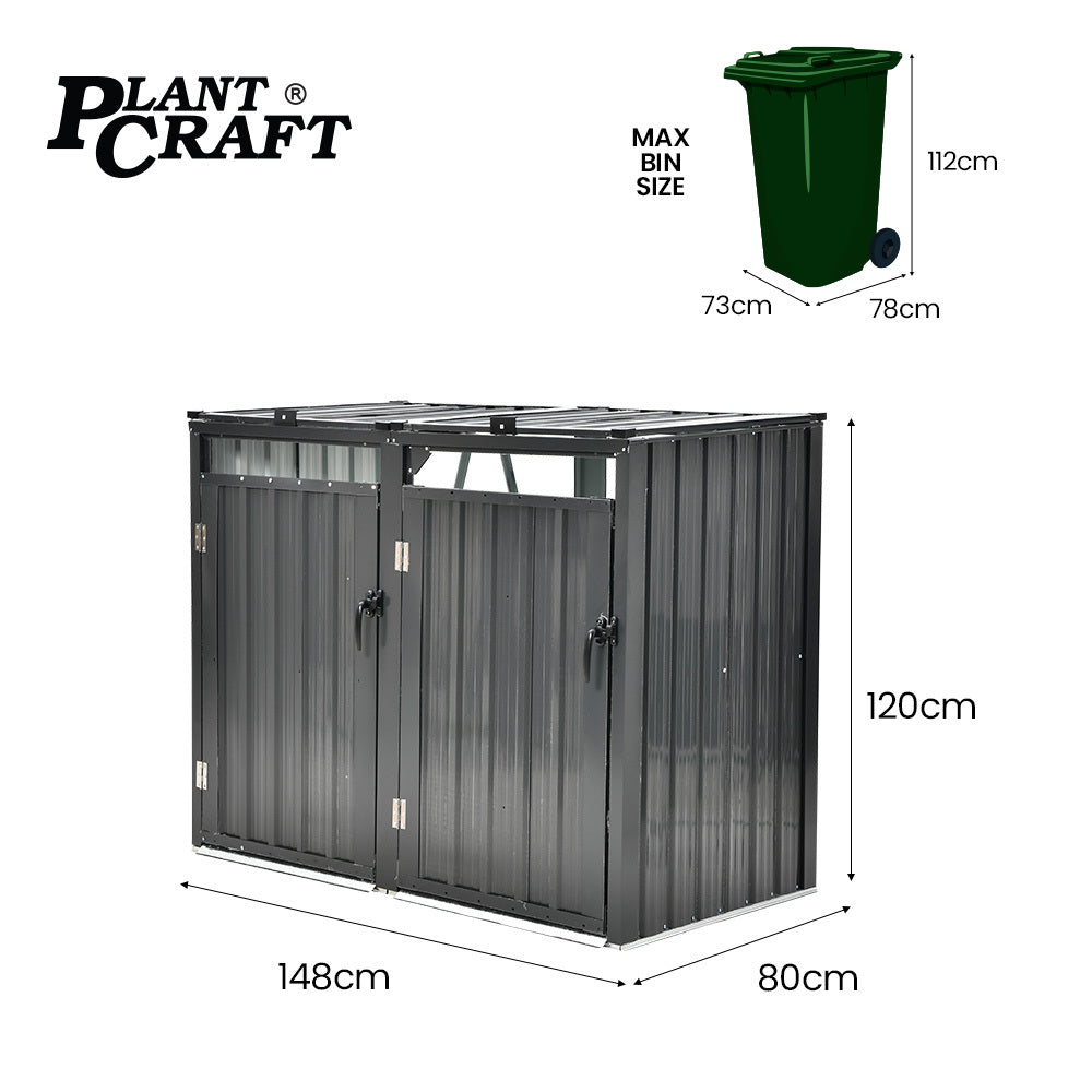 PLANTCRAFT Double Steel Wheelie Garbage Bin Storage Shed, Enclosure with 2 Opening Doors V219-GBGSTLPCGS2A