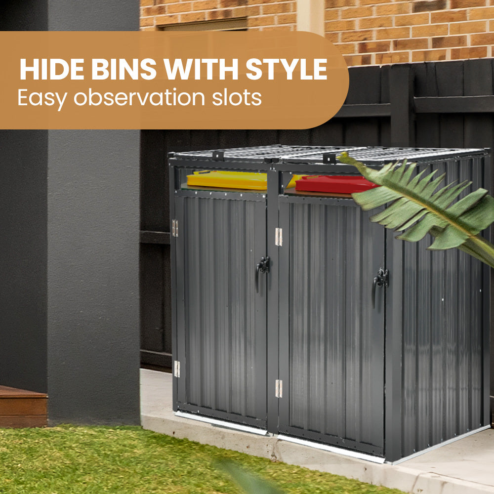 PLANTCRAFT Double Steel Wheelie Garbage Bin Storage Shed, Enclosure with 2 Opening Doors V219-GBGSTLPCGS2A