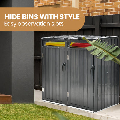 PLANTCRAFT Double Steel Wheelie Garbage Bin Storage Shed, Enclosure with 2 Opening Doors V219-GBGSTLPCGS2A